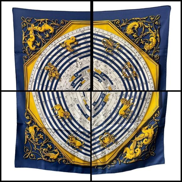 Vintage Hermès silk scarf Dies Et Hore Horoscope By Facconet Navy Blue Gold - Picture 3 of 15